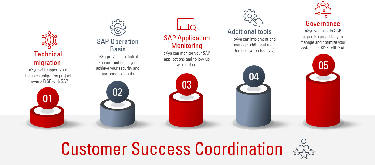 oXya's RISE with SAP services : Customer Success Coordination, Technical Migration, SAP Operation Basis, SAP Application Monitoring, Additional tools, Governance